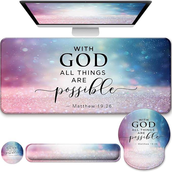 Desk Mat Set + Keyboard and Mouse Pad with Wrist Rest Support,4-in-1 Large Mousepad Computer Mats for Desktop Home & Office-with God