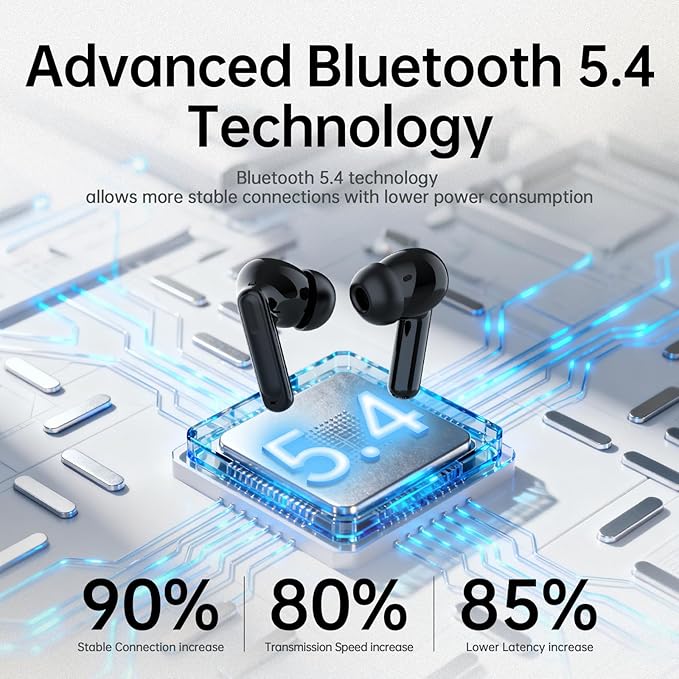 Adaptive Hybrid Active Noise Canceling 2026 Wireless Earbuds, 6 Mics ENC Clear Call Ear Buds, Hi-Res Audio Deep Bass Bluetooth 5.4 Headphones, 40H Playtime, Wireless Charging, LED, USB-C, Black