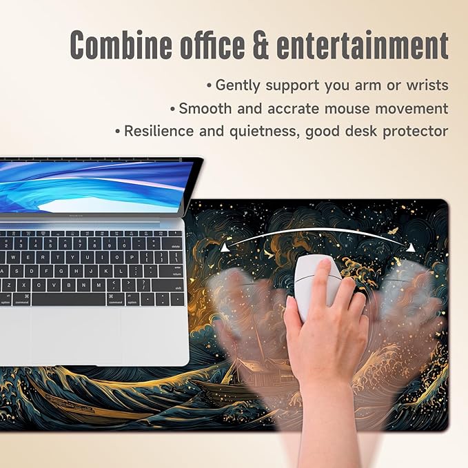 Extended Gaming Mouse Pad, Large Mouse Mat 3 mm Nature Rubber Base Mousepad with Stitched Edges, Non-Slip Desk Mat for Office Home Great Gift 31.5x11.8 Inch (Great Wave 2)