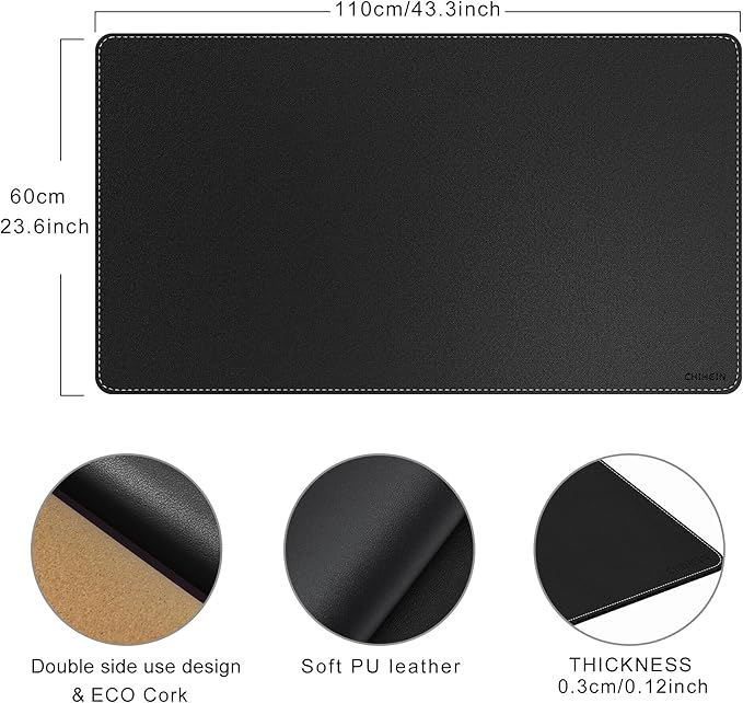 Chihein 43" x 24" 3XL Desk Mat with Cork & PU Leather (Black), Dual Sided Desk Pad, Waterproof Computer Desk Mat for Gaming, Office, Home