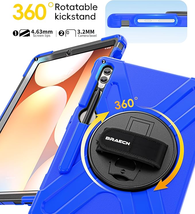 BRAECN for Samsung Galaxy Tab S10 Plus Case 2024/S9 Plus/S9 FE+/S8 Plus/S7 Plus /S7 FE 12.4 Inch,Heavy Duty Shockproof Case with S Pen Holder&360 Rotating Hand Strap/Kickstand Shoulder Strap,Blue