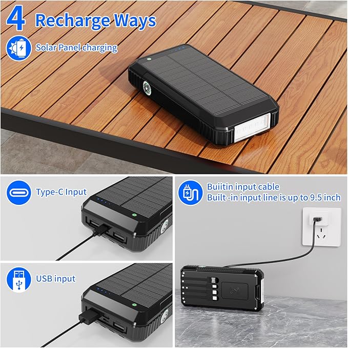 Solar Power Bank 49800mAh, Portable Charger with Built-in 4 Cables, 22.5W Fast Charging Solar Panel Charger for Traveling, Camping and Emergency(Black)