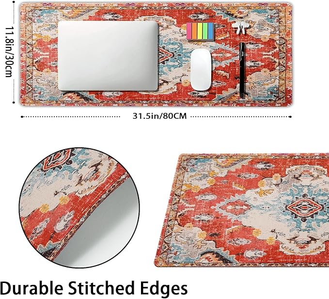 Vintage Rug Mouse Pad XL Red Orange Retro Carpet Aesthetic Extended Table Mat 80X30 cm Non-Slip Rubber Base Stitched Edge Large XL Mousepad for Desk Gaming Laptop Desk Top,31.5×11.8 Inch