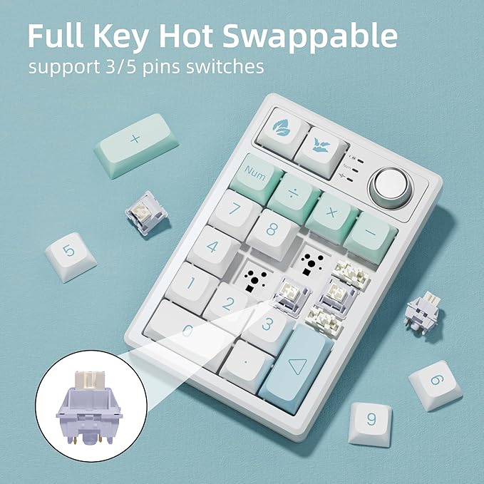 Mechanical Numpad Gasket Mounted with Creamy Sound, Bluetooth/2.4G/USB-C, Programmable Macro Numeric Keypad Rechargeable Number Pad Hot Swappable RGB Backlit Metal Knob for Win/Mac, Mint