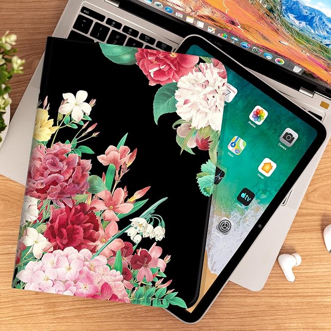 for iPad (A16) 11Th/10Th Generation Case 2025/2022, for iPad Case 11Th/10Th Generation, 10Th/11Th Gen iPadCase Cover Auto Wake/Sleep Multi-Angle Viewing Adjustable Stand, Black Vintage Flower
