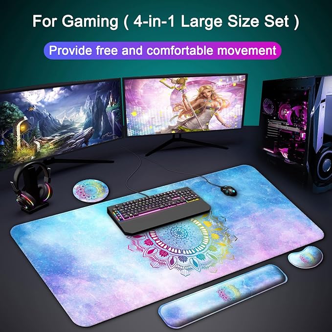 Keyboard Wrist Rest + Mouse Pad with Wrist Support + Desk Mat + Coaster 4 in 1 Set, XXL Large Gaming Mousepad Cute Ergonomic Mouse Pads for Desk Computer Laptop Office Decor-Star Mandala