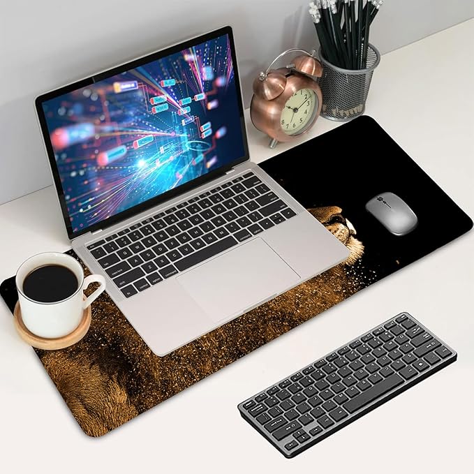 Large Gaming Mouse Pad 31.5"x15.7"｜ Golden Lion-Themed XXL Keyboard Pad, Mouse Mat, Desk Pad, Non-Slip Rubber Base & Stitched Edges Desk Mat- Big Extended Mousepad for PC/Laptop/Office/Home Decor