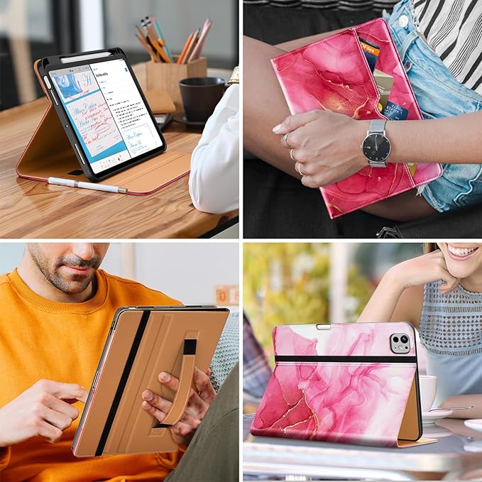 DTTO for iPad Pro 11 inch Case (M5/M4) 2025/2024, Premium Leather Business Folio Stand Cover with Pencil Holder - Auto Wake/Sleep and Multiple Viewing Angles, Red Marble