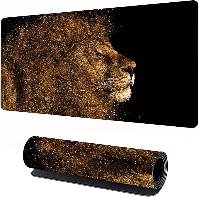 Large Gaming Mouse Pad 31.5"x15.7"｜ Golden Lion-Themed XXL Keyboard Pad, Mouse Mat, Desk Pad, Non-Slip Rubber Base & Stitched Edges Desk Mat- Big Extended Mousepad for PC/Laptop/Office/Home Decor
