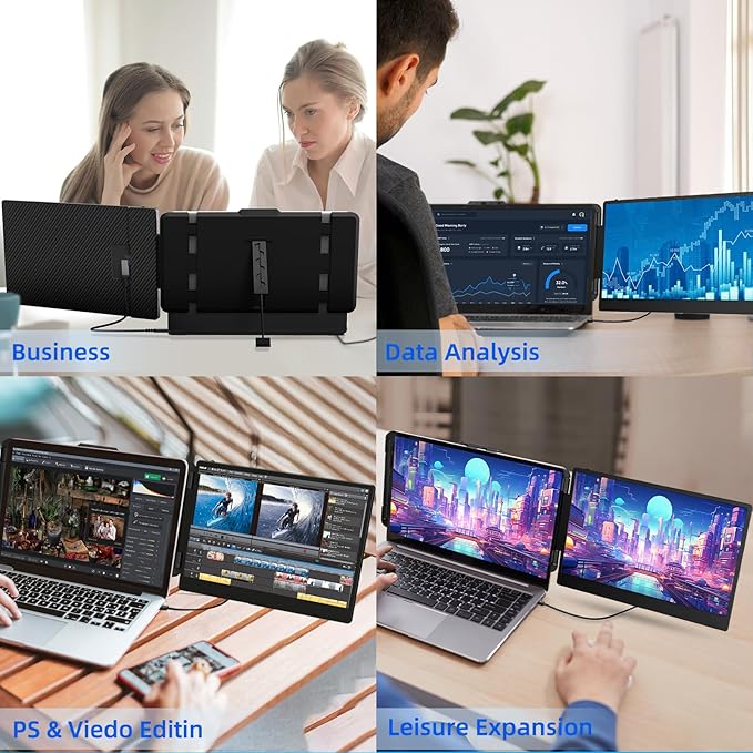 Laptop Screen Extender Travel Monitor - 14" Dual Portable Monitor IPS FHD 1080P Travel Work Extra Screen Plug n Paly USB-C HDMI Port Compatible with Wins Mac Chrome Dex Fits 13-17" Laptops