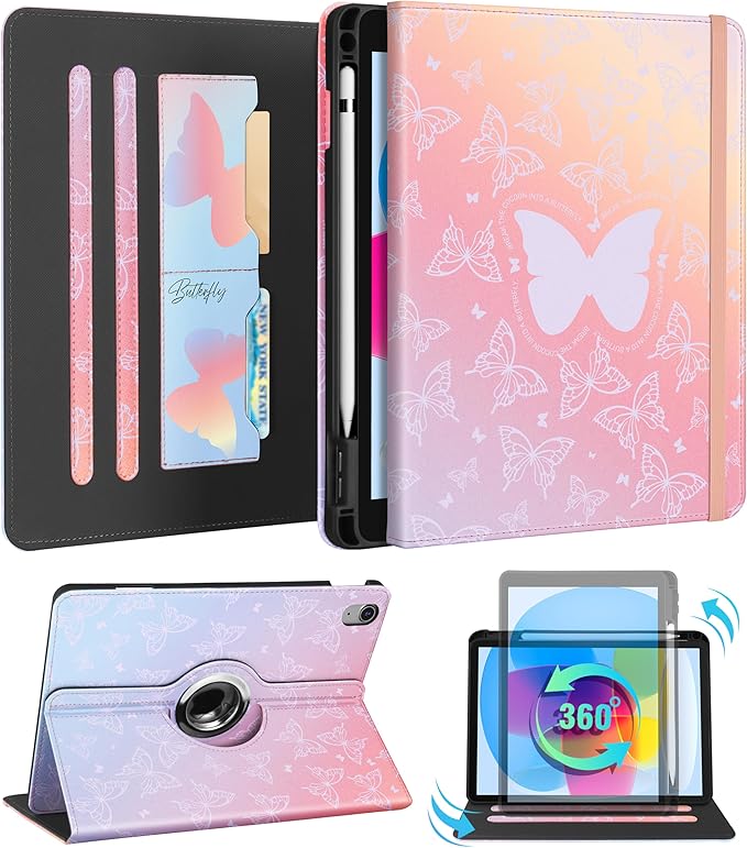 Kidcube for iPad 10th Generation Case 2022, for iPad (A16) Case 11th Generation 2025 - Women Girls Cute Rotating Stand Folio Cover with Pencil Holder & Card Slot Girly Kawaii Butterfly Design Cases