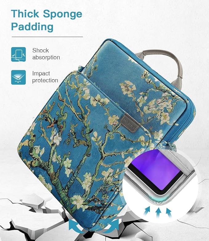 MoKo 9-11 Inch Tablet Sleeve Bag Handle Carrying Case with Shoulder Strap for iPad Pro, Air, 10th, 9/8/7, Air 5/4, Tab S8/S9, Apricot Flower