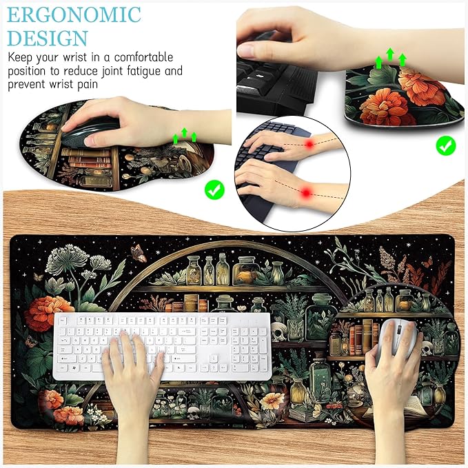 LIMKRIAN Goth Skull Mouse Pad Set Large Desk Mat for Desktop, Ergonomic Mouse Pad with Wrist Rest for Gaming, Keyboard Mat Wrist Support Cup Coaster Set, Gothic Office Desk Accessories Decor Supplies