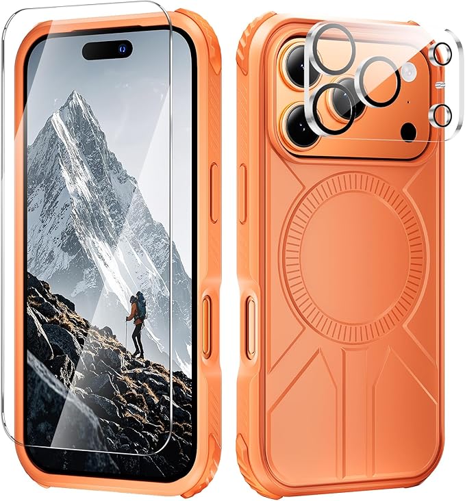 3 in 1 for Heavy Duty iPhone 17 Pro Max Case with Screen Protector & Camera Lens Protector ,7X Military-Grade Drop Protection ,Fits MagSafe ,Rugged & Slim shockproof Case for iPhone 17 Pro Max, Orange