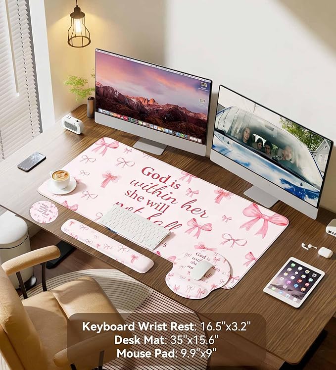 Desk Mat Set + Keyboard and Mouse Pad with Wrist Rest Support,4-in-1 Large Mousepad Computer Mats for Desktop Home & Office-Pink Bowtie