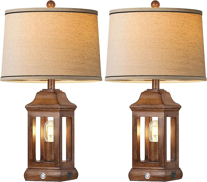 24" Rustic Farmhouse Table Lamps for Living Room Set of 2, Touch Dimmable Nightlight Vintage Bedside Lamps with USB A+C Ports & Dual Light Sources for Bedroom Nightstand End Table, Wood Grain