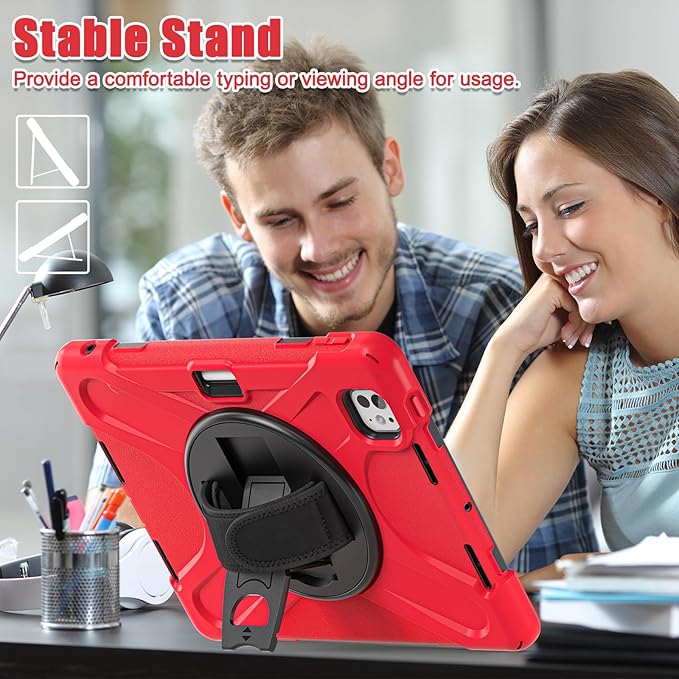 Batianda Case for iPad Pro 13-inch 2025 M5 2024 M4 Chip Heavy Duty Rugged Durability Silicone Tablet Cover with 360° Rotating Hand Strap Foldable Hidden Stand & Shoulder Strap, Red