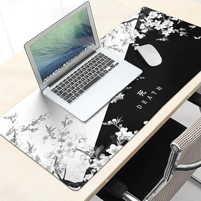 XXL Large Gaming Mouse Pad,Japanese Sakura Death Life Extended Desk Pad Non-Slip Rubber Base 35.4x15.7in with Stitched Edges Waterproof Full Desk Pads Computer Gaming Mousepads for Work/Game/Office