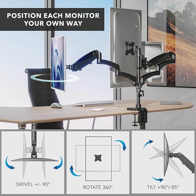 Mount-It! Triple Monitor Mount, 3 Monitor Desk Mount with Gas Spring Arms, Fits 13–32 Inch Screens up to 17.6 lbs per Arm, VESA 75 & 100, Clamp or Grommet Base, USB-A & C Ports, Black