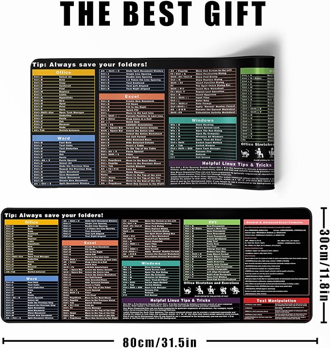Excel Cheat Sheet Desk Pad Excel Shortcut Keys Mouse Pad Gaming Mouse Pad Desk Accessories Waterproof Non-Slip Large Computer Mat, 31.5x11.8 in (Office Software Shortcut Keys)
