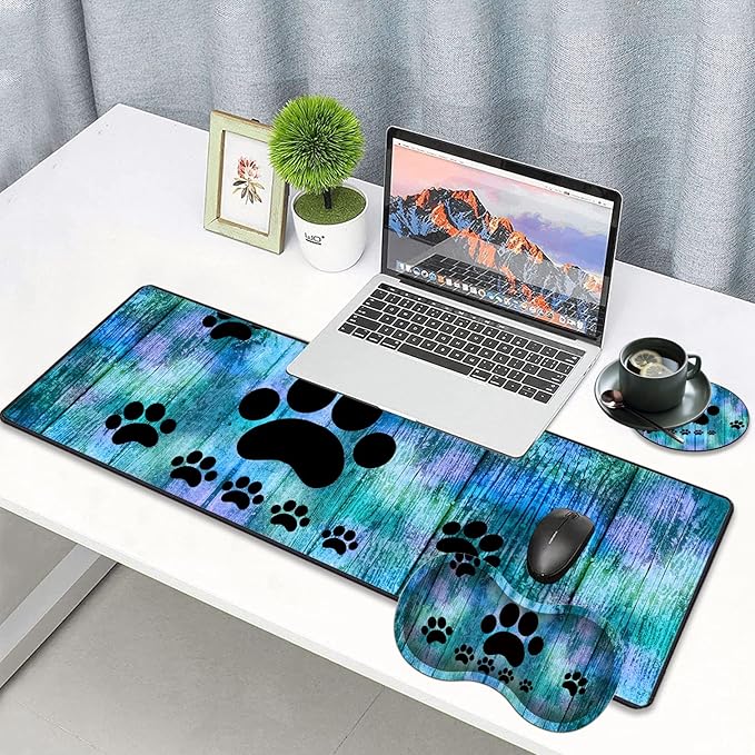 3 Piece Mouse Pad Set with Stitched Edge Large Anti-Slip Mouse Pad Desk Pad Keyboard Pad + Wrist Rest Pad + Coaster, Memory Foam Wrist Rest for Office/Home -Antique Blue Wood Grain Dog Paw