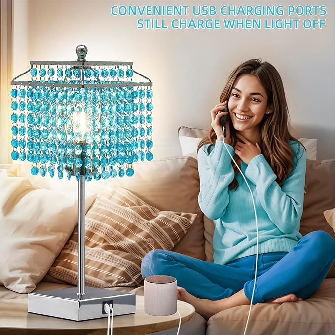 Luvkczc Crystal Table Lamp with Touch Control, Bedside Crystal Table Lamp with USB C+A Ports, Dimmable Lamp for Girls Bedroom, Living Room, Light Blue & B11 LED Bulb Included