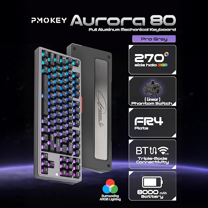 PMOKEY Aurora 80 CNC Full Aluminum Wireless Mechanical Keyboard with VIA/QMK, 8000mah Battery, Phantom Linear Switch, Tri-Mode Gaming Keyboard Hot Swappable RGB Backlit for Windows/Mac/PC (Pro Grey)