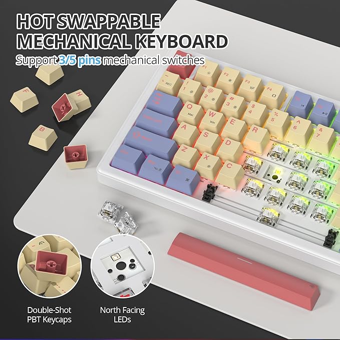 75% Cotton Candy Creamy Mechanical Keyboard Wired, Creamy Sound Gasket Gaming Thocky Keyboard with Knob, Hot Swappable RGB Custom Keyboard, Pre-lubed Cream Switch Keyboard (82 Candyfloss)