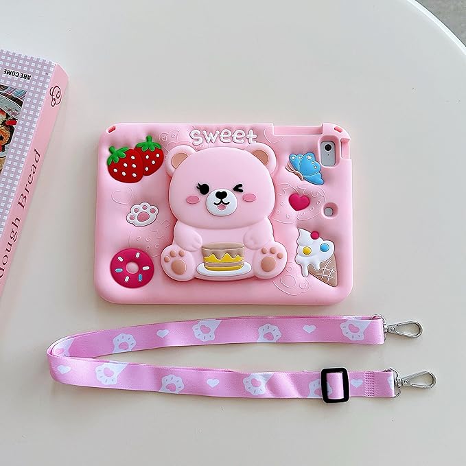 3D Cute Bear Case for iPad Pro 11 inch/Air 6th/7th 11 inch 2024/2025 M2/M3/4th/5th 10.9 inch,Kawaii Cartoon Pretty Sweet Bear Soft Silicone Case with Lanyard for Kids Teens Girls Women