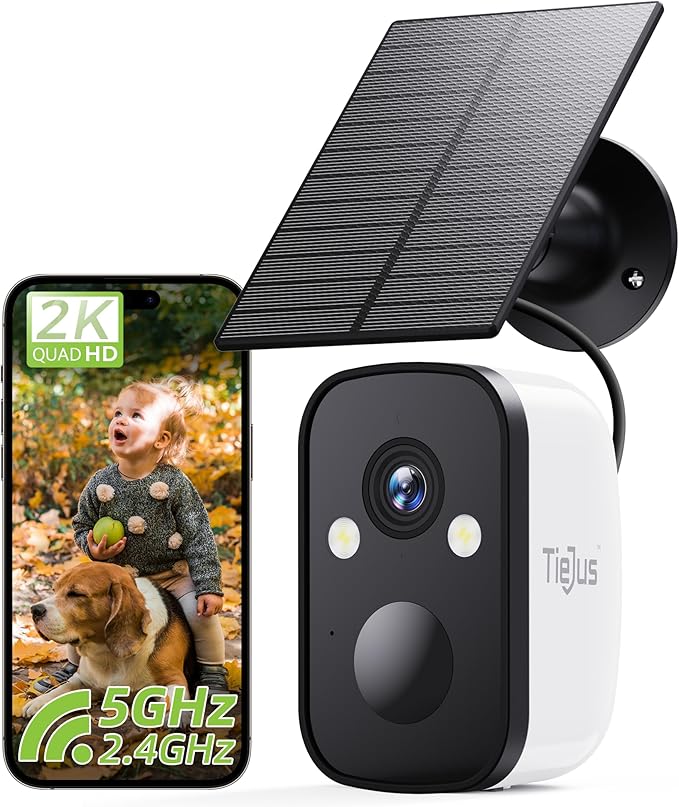 2K Solar Security Cameras Wireless Outdoor, 2.4G/5G WiFi, Powered by Sun Rechargeable Battery Backup, Color Night Vision, PIR AI Motion Detection, 2 Way Talk, IP66, Works with Alexa/Cloud/SD