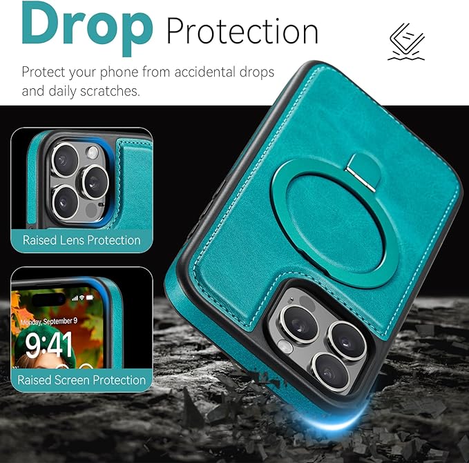 for iPhone 14 Pro Max Case with Stand, Compatible with MagSafe, Slim PU Leather & Durable TPU Protective Phone Cover Drop-Proof with Tempered Glass Screen Protector 6.7", Turquoise