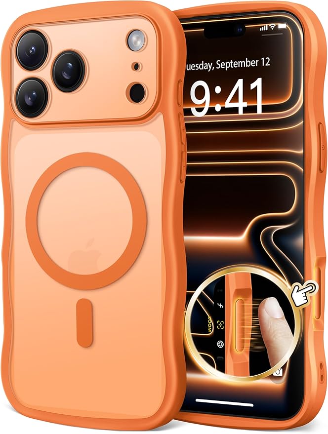 CAPRARO Magnetic for iPhone 17 Pro Max Case for Women Girls, Upgraded [Full Camera Protection] [Compatible with MagSafe] Cute Wave Translucent Matte Phone Case for iPhone 17 Pro Max, Clear Orange