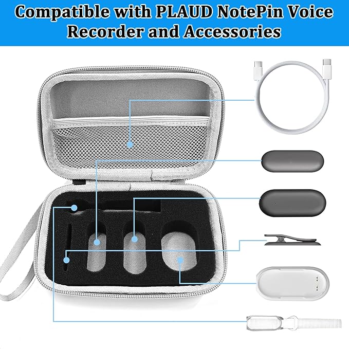 Protective Case for PLAUD NotePin Voice Recorder - Custom Fit Foam Holds All Accessories, Waterproof & Shockproof (Case Only) (Silver)