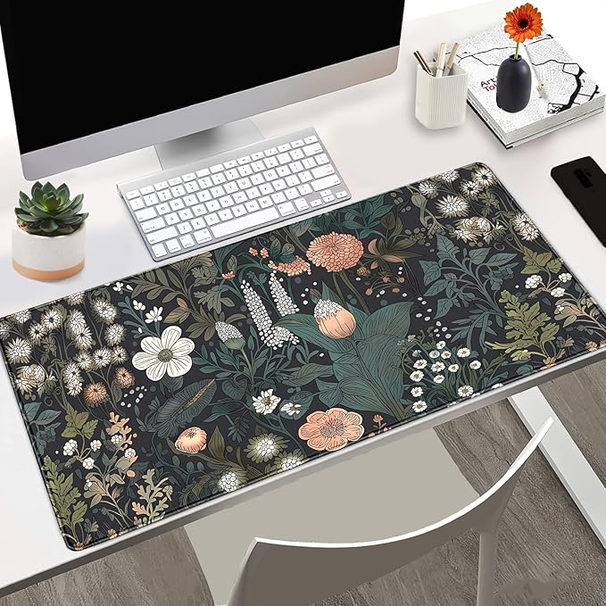 Dark Flower Desk Mat Floral Plants Mouse Pad Boho Aesthetic Wildflowers Large Gaming Mousepad Desk Pad, XXL Keyboard Mouse Mat Full Desktop Mat Women Office Desk Accessories 31.5"x15.7"