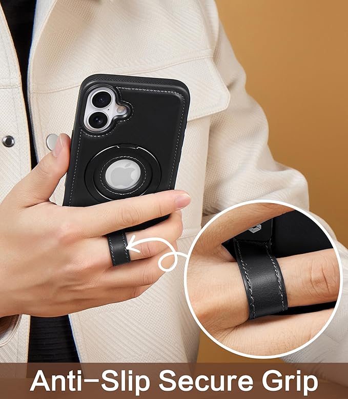 Butaiga for iPhone 16 Plus Leather Case with Stand, Anti-Slip Grip Ring, Fits for MagSafe (Black, iPhone 16 Plus)