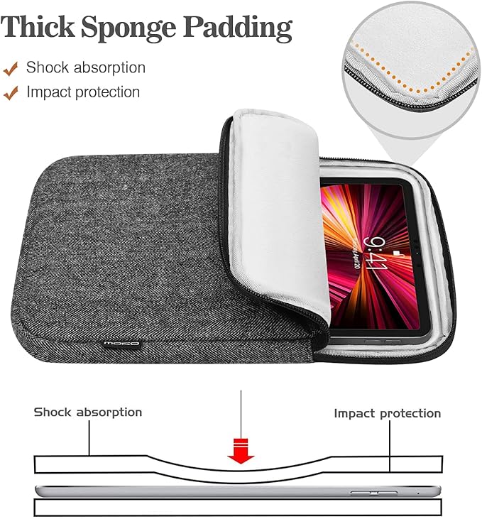 MoKo 9-11 Inch Tablet Sleeve Bag Carrying Case Fits iPad air 5 10.9" 2022, iPad Pro 11 M2 2022-2018, iPad 10th 10.9,iPad 9/8/7th Gen 10.2,iPad Air 4 10.9/Air 3 10.5,Tab S8/S9 11", Black & Gray