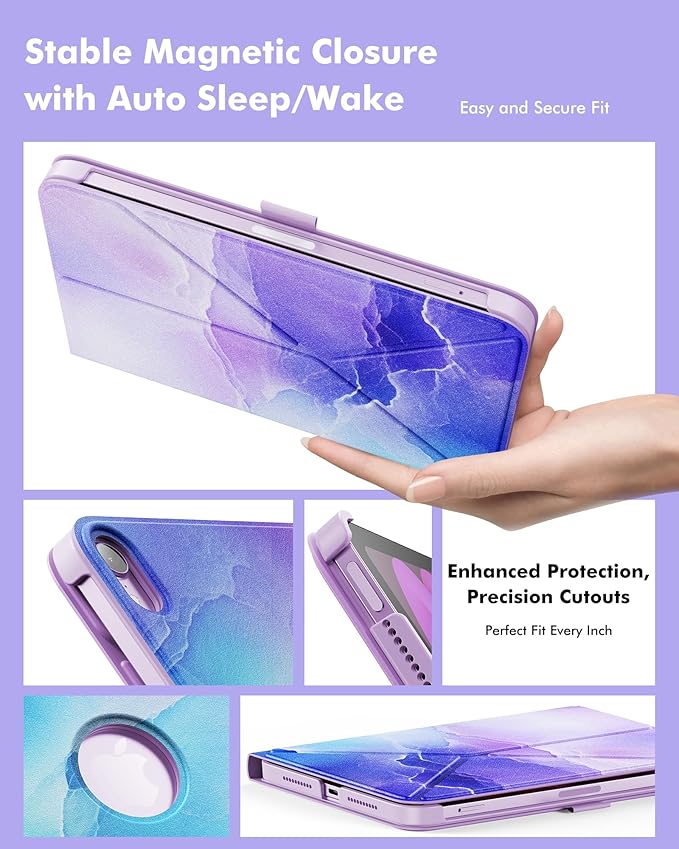 INFILAND Case for iPad mini 7 (A17 Pro) 2024 / iPad mini 6 2021, Slim Foldable Book-Style Cover with Pencil Holder, Multi-Angle Magnetic Stand,Protective Case with Auto Wake/Sleep (Blue Marble)