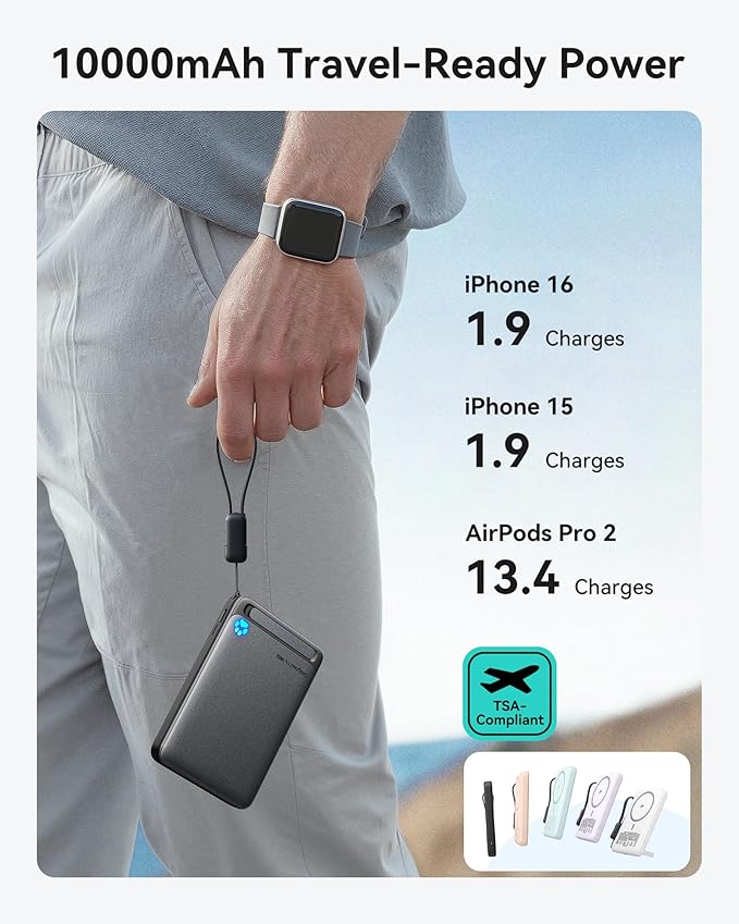INIU Magnetic Power Bank, 15W Wireless Charging, Fast Charging with Attached USB-C Cable, Battery Pack with Stand