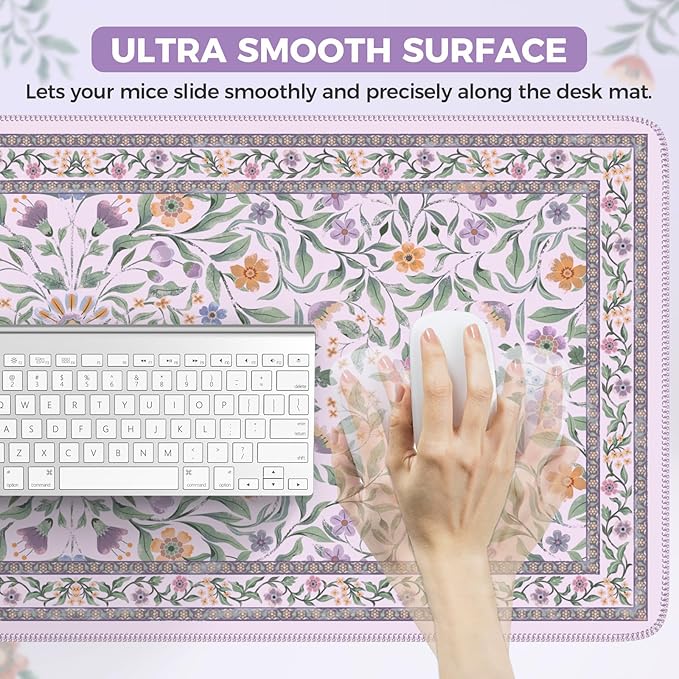 iLeadon Desk Matt for Desktop, Purple Mouse Pad for Keyboard, Floral Gaming Desk Mat with Non-Slip Base, Stitched Edges Large Keyboard Mat 35.4x15.7 Inch for PC & Home Office (Purple)