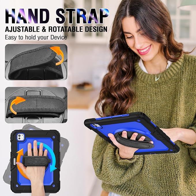 Case Compatible with iPad Pro 13 2024 with Screen Protector | Case for iPad Pro 13 Inch with Pen Holder Stand Hand/Shoulder Strap | Silicone Rugged Protection Case | Blue