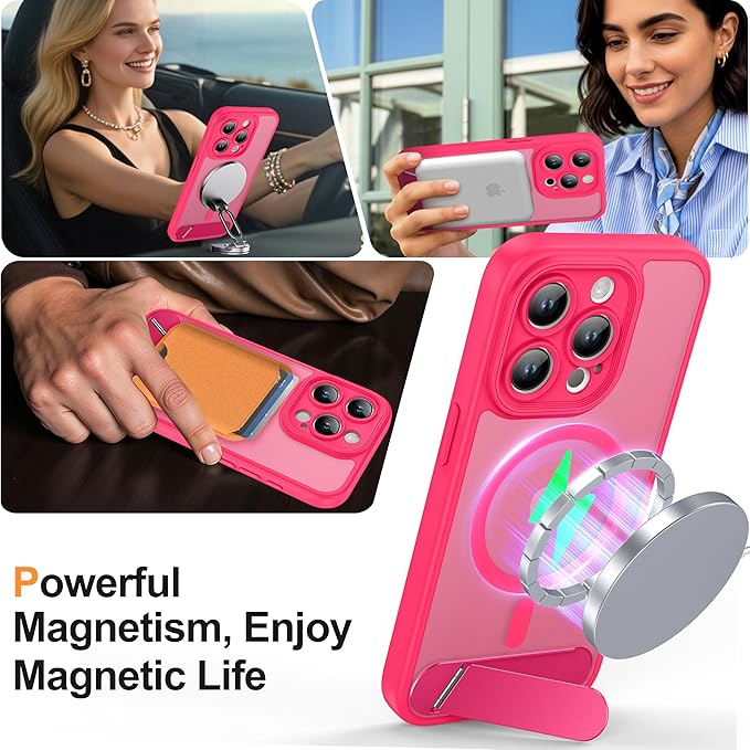 Magnetic Compatible with iPhone 15 Pro Case, [Built-in Kickstand][Full Camera Protection][Compatible with MagSafe][Anti-Fingerprint] Shockproof Phone Case for iPhone 15 Pro 6.1",Hot Pink