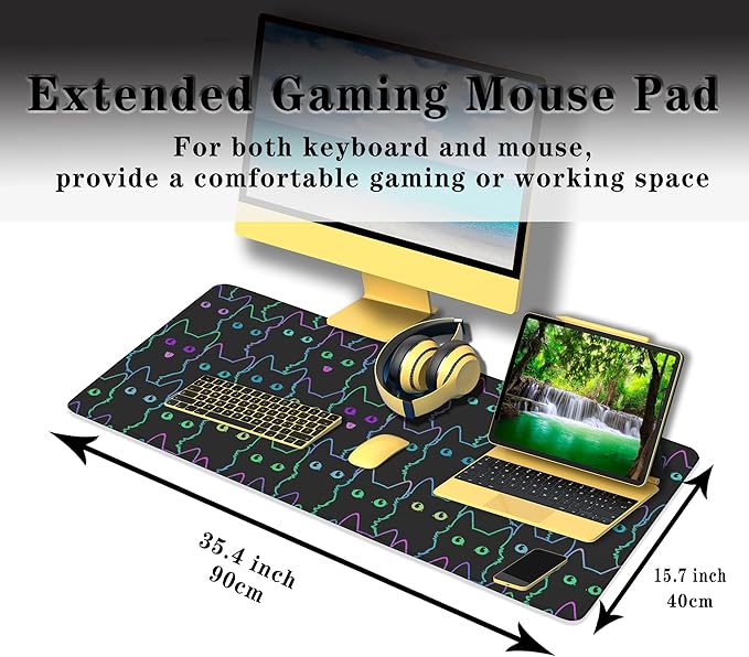 Big Mouse Pad Black Purple The Desk Pad Computer Mouse Pads Keyboard Pads Deskmat Waterproof Non-Slip Rubber Base 35.4" X 15.7" for Game Office, Cartoon Cat with Neon Lines Design