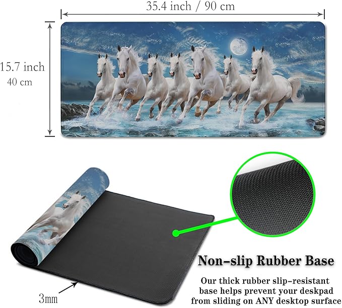 Extra Large Mouse Pads Horses Running, Gaming Mouse Pad Computer Mat, Desktop Computer Mat Non-Slip Rubber Base Waterproof with Stitched Edges, 35.4 X 15.7 inch for Work/Game/Office/Home