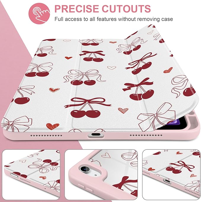 Case for iPad Air 11 inch M4 2026 M3 2025 2024 Release with Pencil Holder - Aesthetic Cute Preppy Design Trifold Cover with Soft TPU Bumper Clear Back Auto Sleep/Wake for Girls Women, Cherry