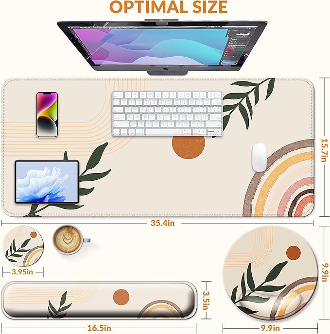Desk Mat Set + Keyboard and Mouse Pad with Wrist Rest Support,4-in-1 Large Mousepad Computer Mats for Desktop Home & Office-Boho Leaves