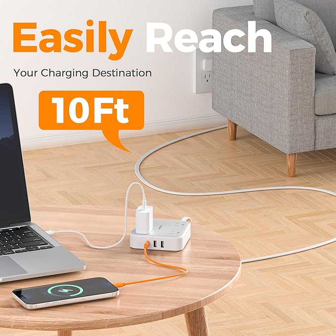 TESSAN Surge Protector Flat Extension Cord 10Ft, Ring Plug Power Strip with 4 Outlets 3 USB Ports (1 USB C), 900 Joules Protection, Multiple Wall Outlet Extender Suitable for Home Office Dorm, Grey
