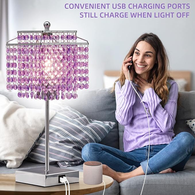 Luvkczc Crystal Table Lamp, Touch Lamp with USB C+A Ports, Dimmable Lamp with Crystal Shade, Purple Nightstand Lamp for Girl Bedroom, Living Room, Bulb Included
