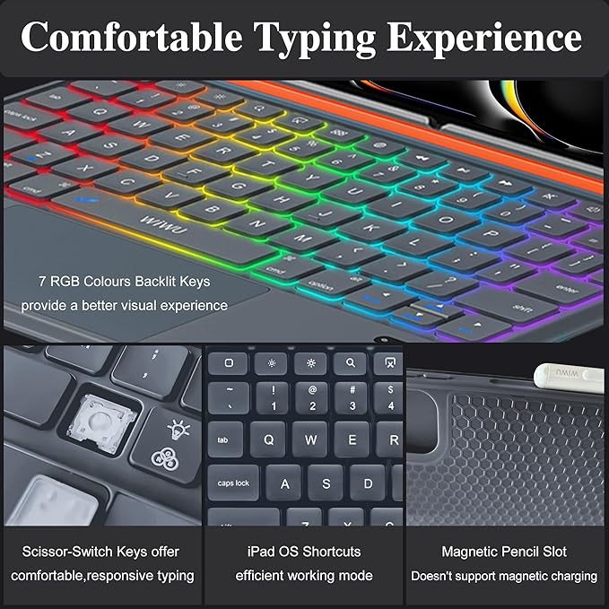 WIWU iPad Pro 11 inch Keyboard Case M4/M5 2024/2025 Magnetic Detachable 3 in 1 Case Bluetooth Case Keyboard Adjustable Stand 7 Colors Backlit Keys with Touchpad (Grey, iPad Pro 11"(M4/M5 2024/2025))