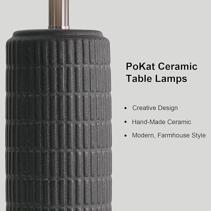 PoKat 23" Matte-Textured Ceramic Table Lamps Set of 2 for Bedroom, Stone-Like Modern Bedside Lamps for Night Stands, Farmhouse Nightstand Table Lamps Decor for Living Room End Table Black