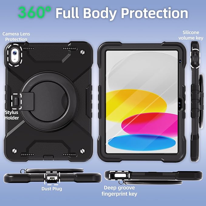 Andnary Case for iPad (A16) 11th Generation 11 inch 2025/10th Generation 10.9 inch 2022, Shockproof Cover with Screen Protector/360° Rotate Handle/Bracket/Pen Holder/Shoulder Strap (Black)